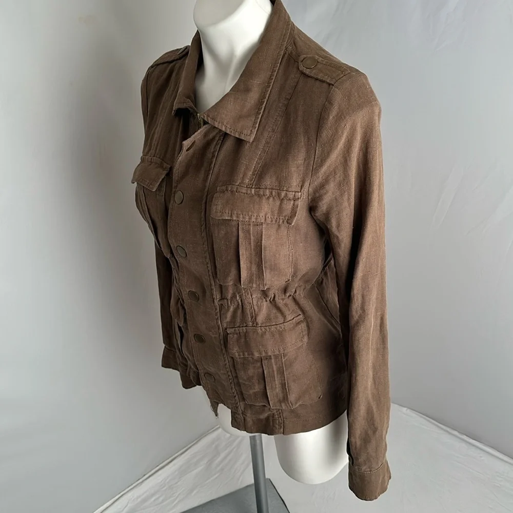 Free People olive Military Platoon linen full zip and snap utility jacket